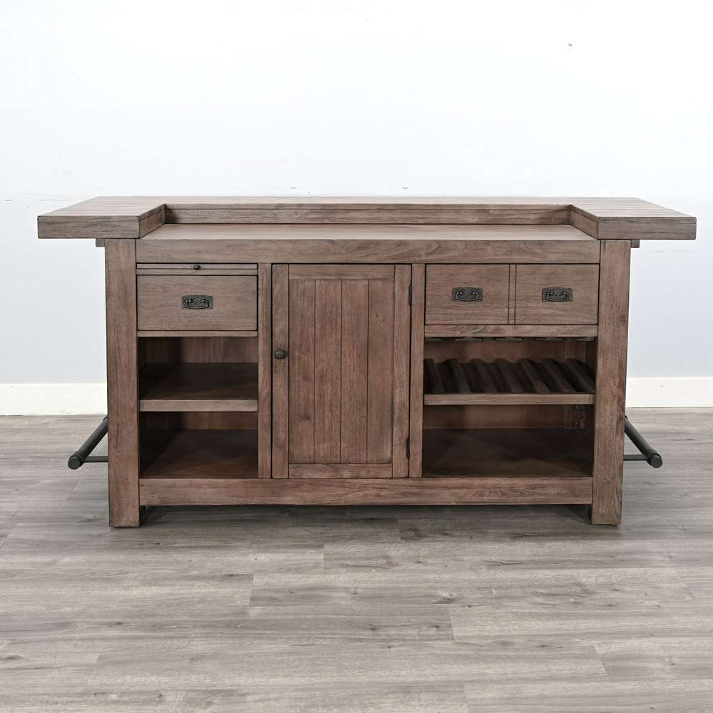 Yael Bar Cabinet Table, Shelves, Pull Out Tray, 80", Taupe Brown Wood