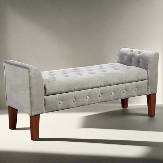 Storage Bench | Velvet Upholstered | Button Tufted | Settee | Gray Brown