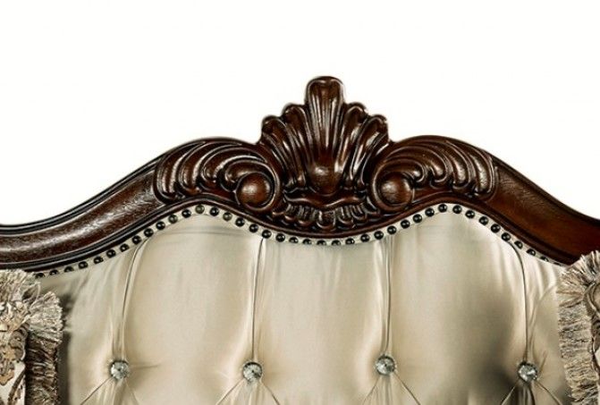 Vera 90 Inch Sofa, Button Tufted Beige Rolled Arms, Cherry Brown Solid Wood By Casagear Home