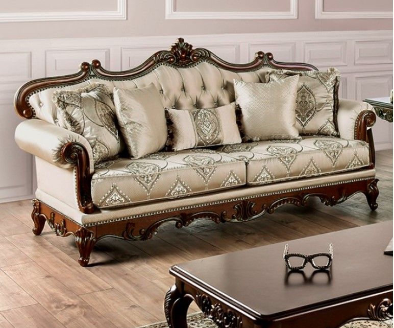 Vera 90 Inch Sofa, Button Tufted Beige Rolled Arms, Cherry Brown Solid Wood By Casagear Home