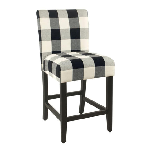 Counter Stool | Plaid Pattern Fabric | Black White | Wood Frame