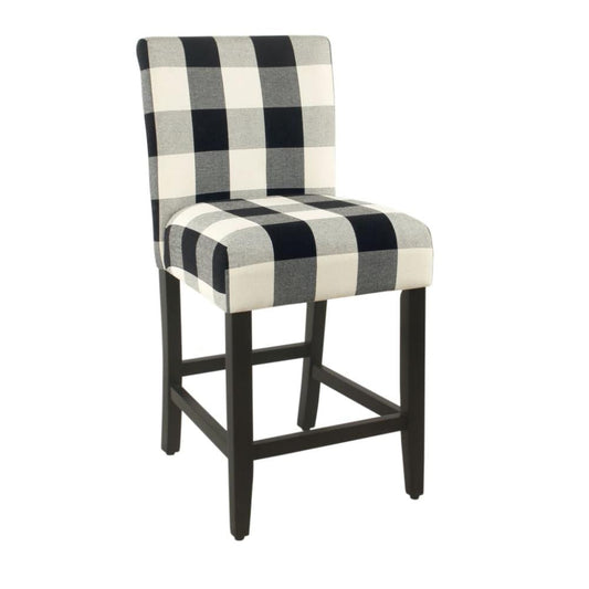 Counter Stool | Plaid Pattern Fabric | Black White | Wood Frame