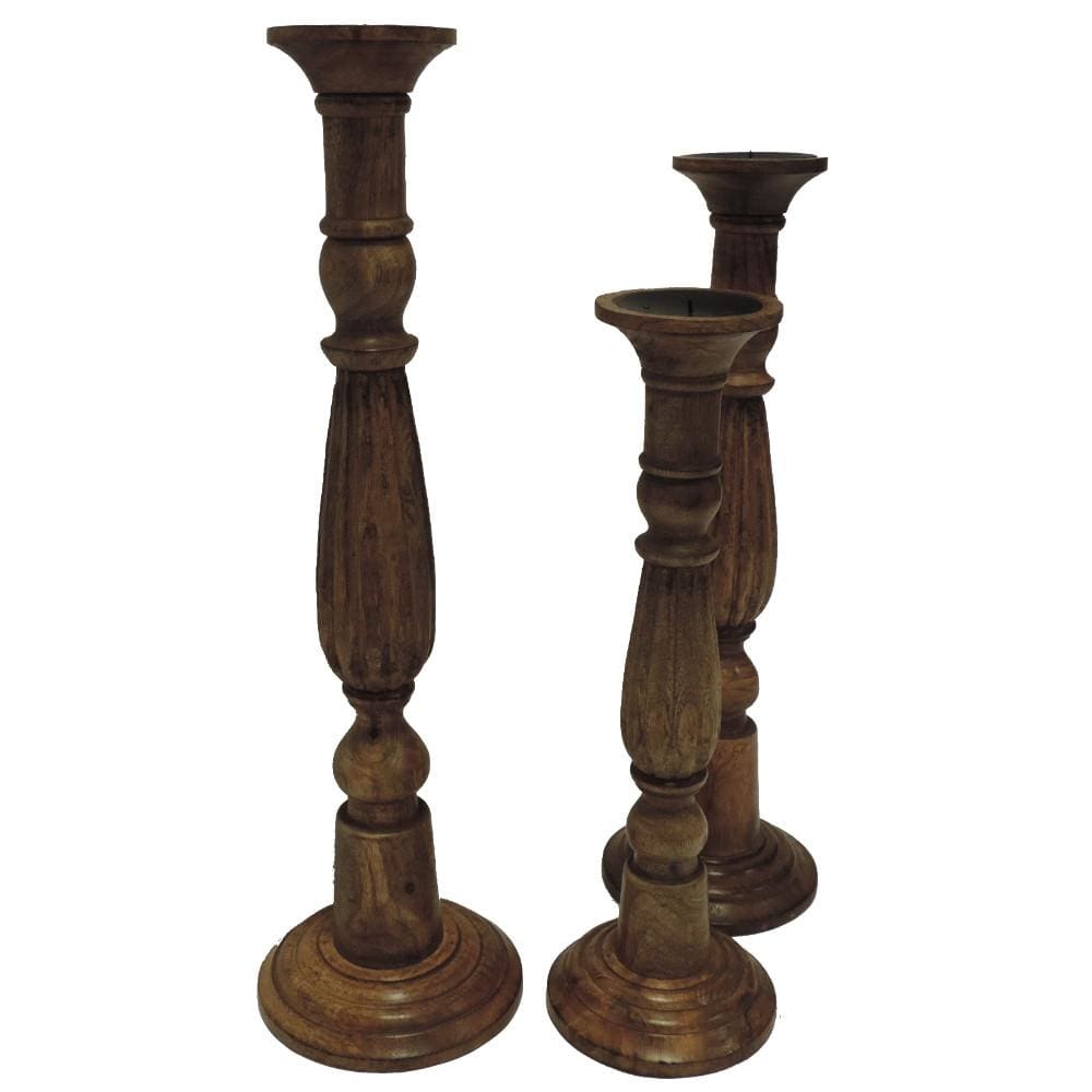 Wooden Natural Finish Pillar Shaped Candleholder Set of 3 Brown 14194