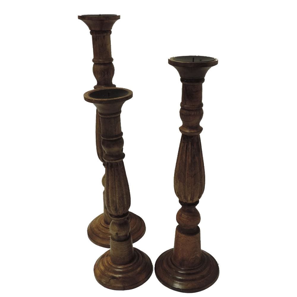 Wooden Natural Finish Pillar Shaped Candleholder Set of 3 Brown 14194