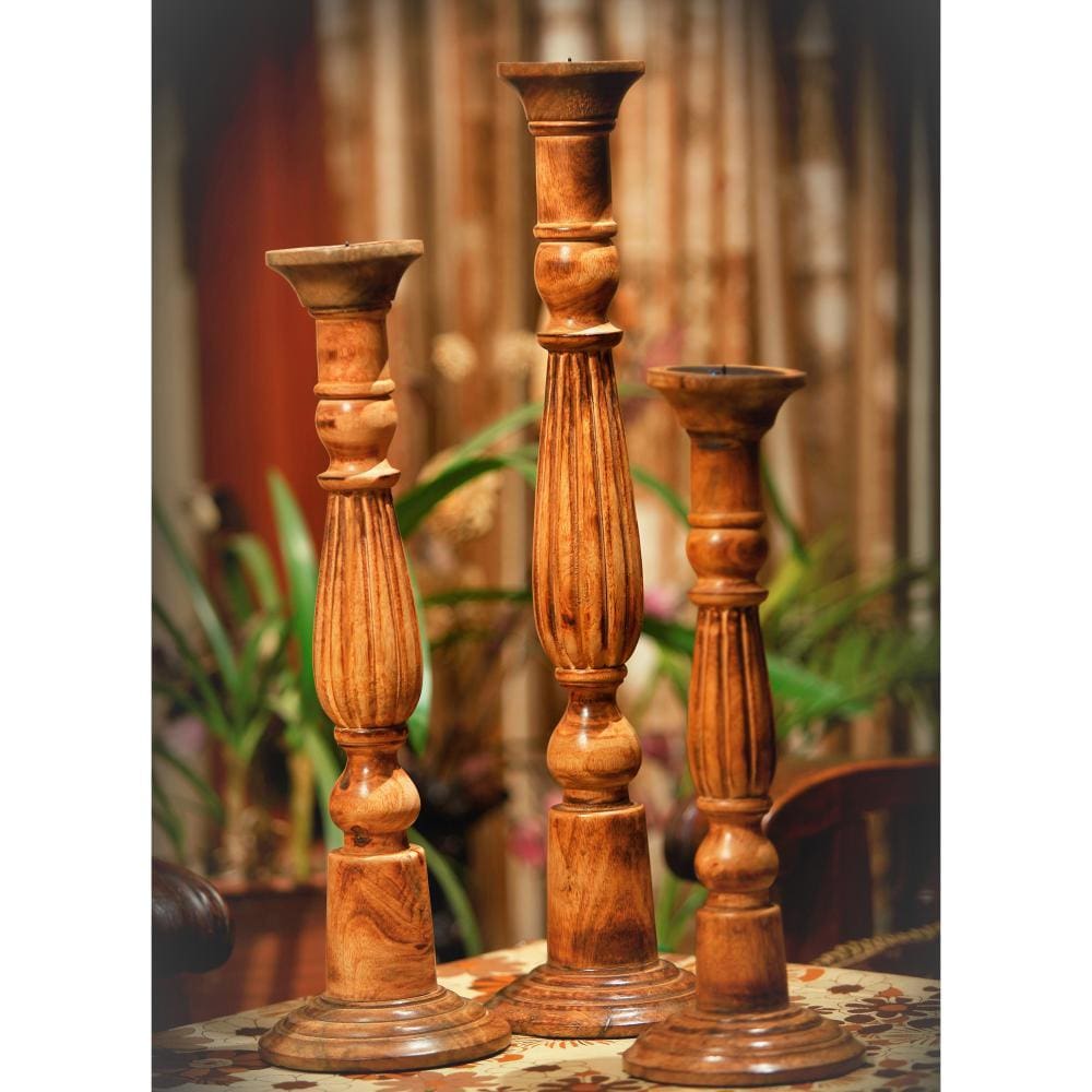 Wooden Natural Finish Pillar Shaped Candleholder, Set of 3, Brown