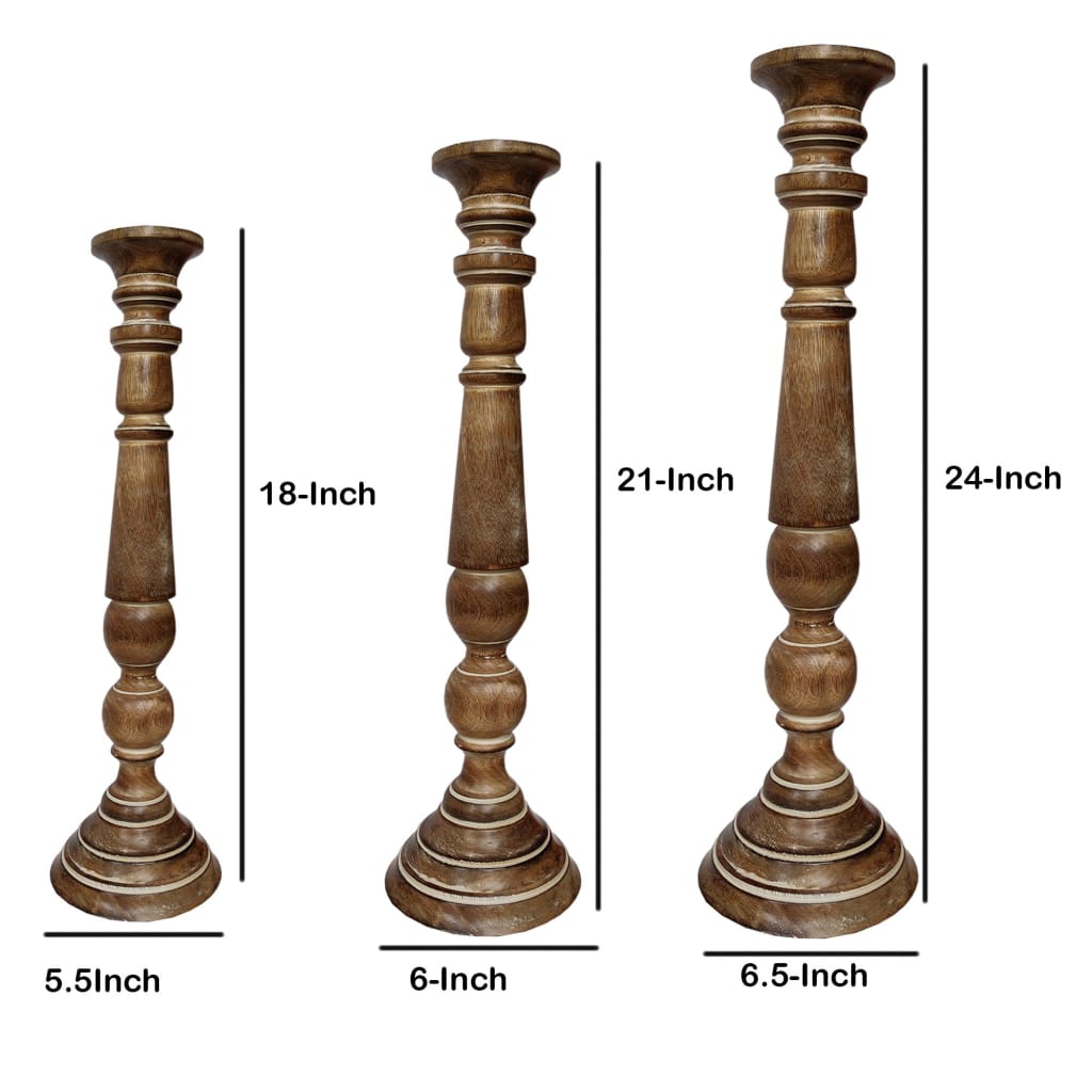 Handmade Wooden Candle Holder with Flared Top Natural Brown Set of 3 14342