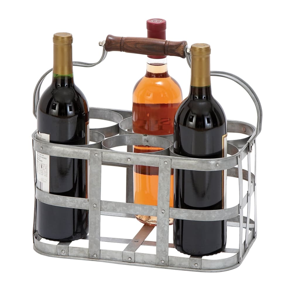 Metal Strip Wine Holder With Wooden Handle And Six Bottles Storage Gray 16175