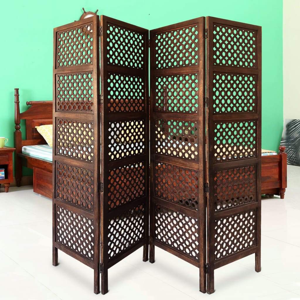 Decorative Four Panel Mango Wood Hinged Room Divider with Circular Cutout Design, Brown