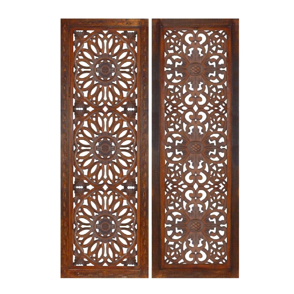2 Piece Mango Wood Wall Panel Set with Mendallion Carving Burnt Brown By Casagear Home 34089