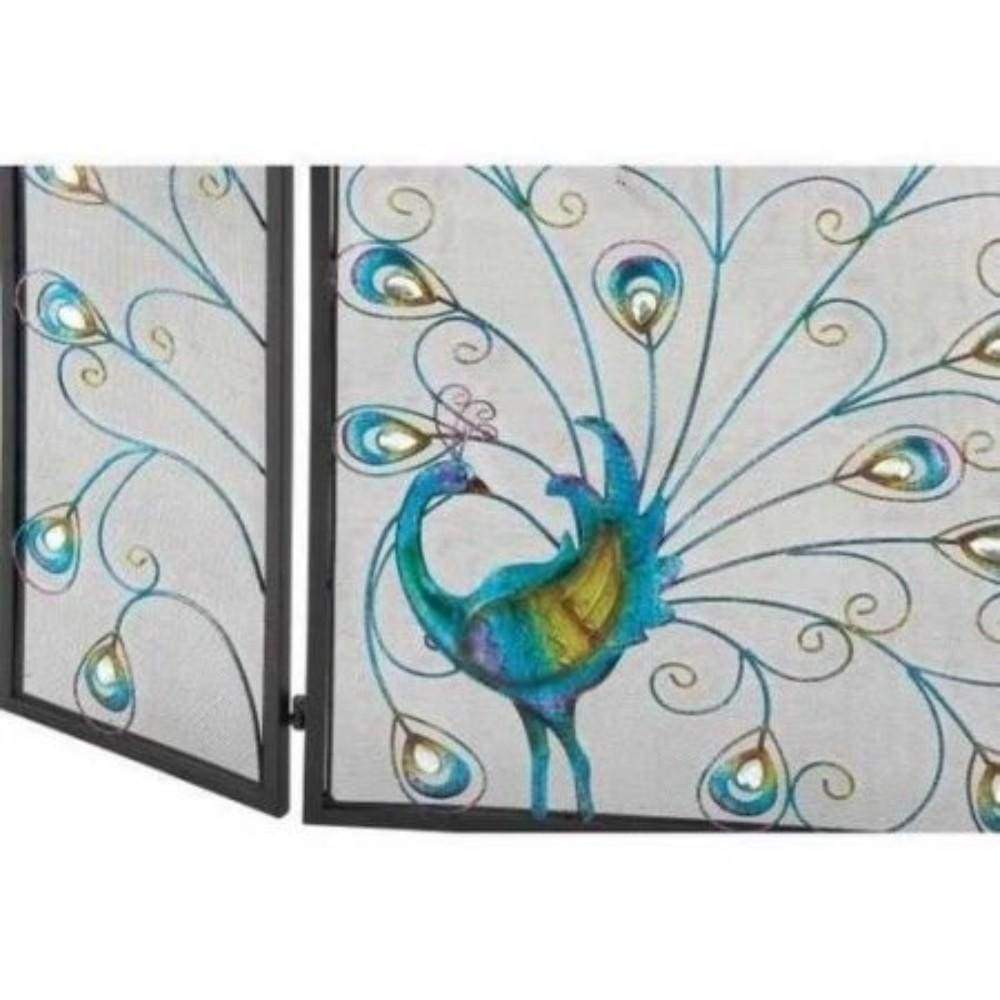Peacock Themed Metal 3- Panel Fireplace Screen Multicolor By Benzara 55275