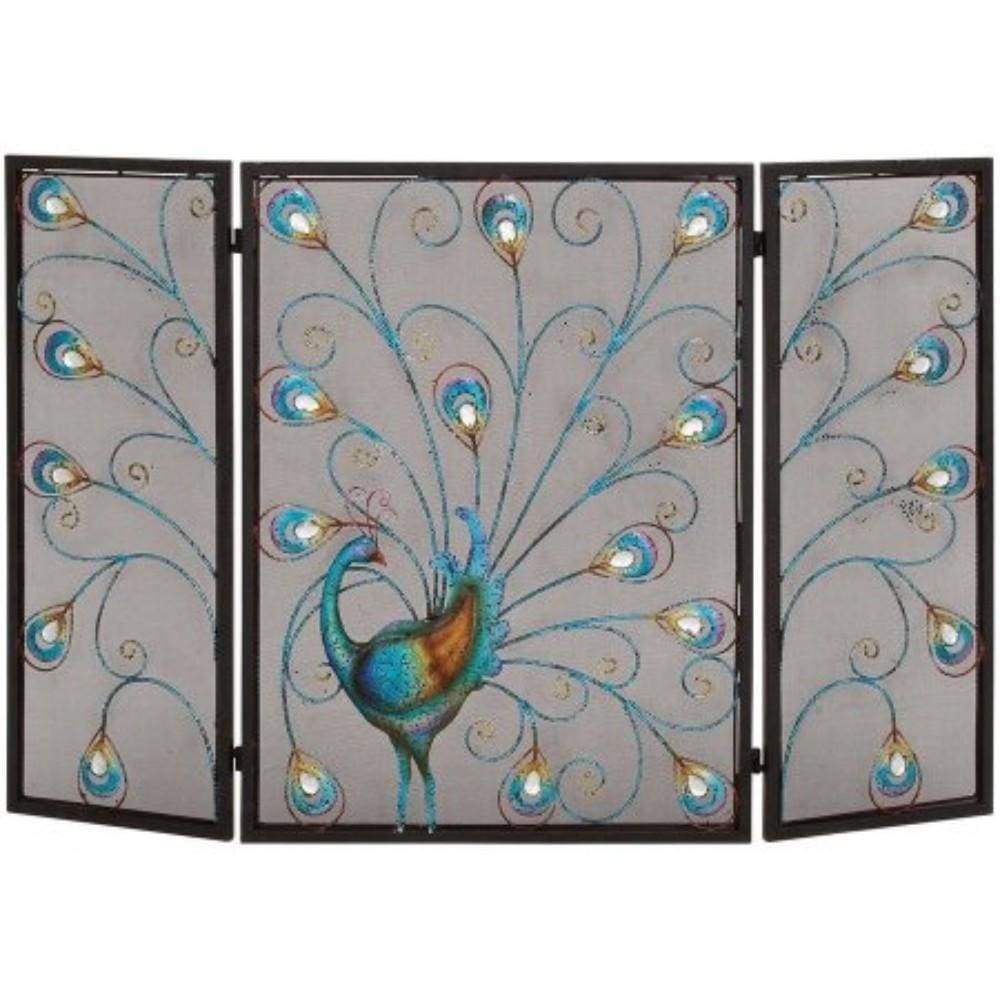 Peacock Themed Metal 3- Panel Fireplace Screen, Multicolor By Benzara