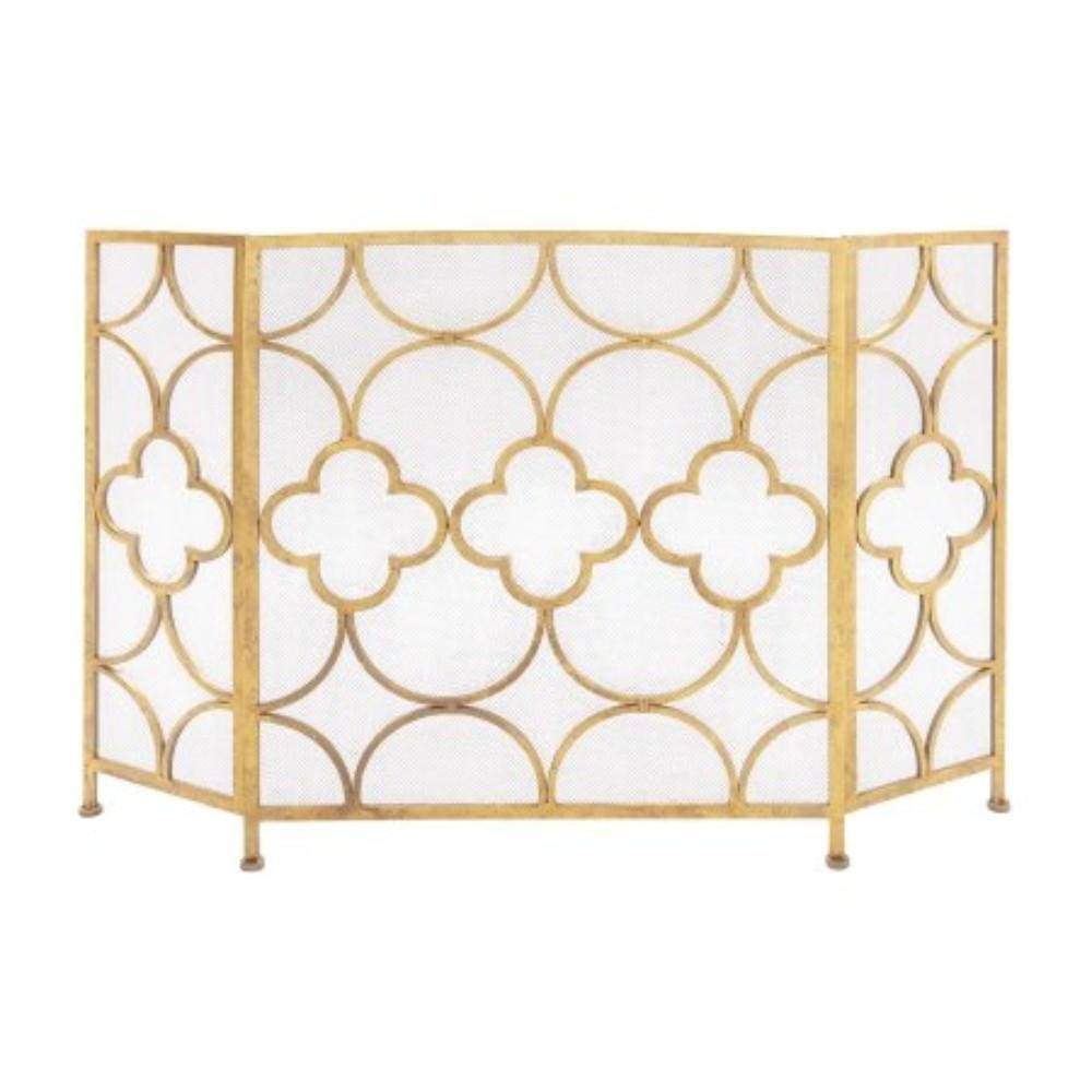 50 Inch 3 Panel Metal Fireplace Screen, Quatrefoil Design, Gold By Benzara