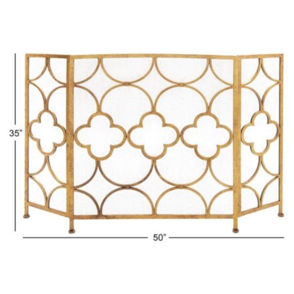 Space Efficient 3- Panel Metal Fireplace Screen In Gold By Benzara 67053