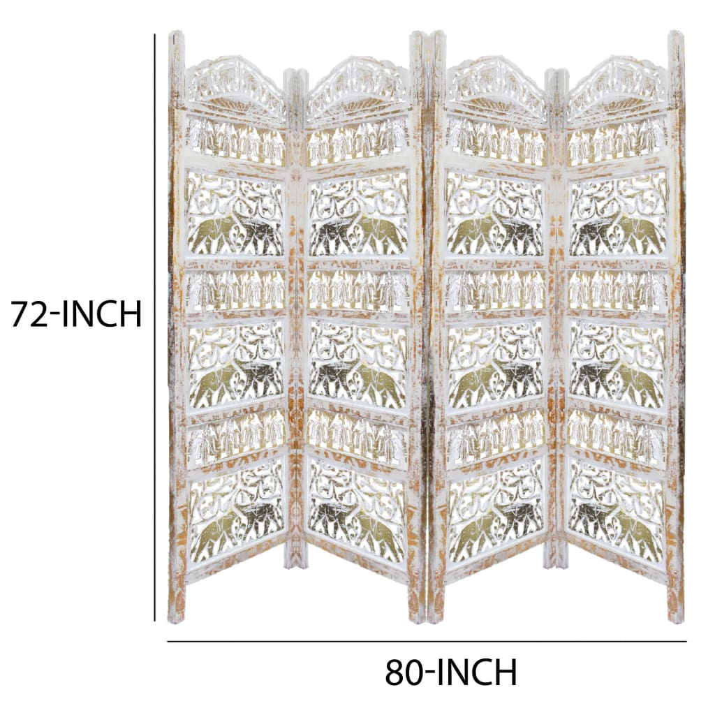 Classic 4 Panel Mango Wood Room Divider with Elephant Carvings Gold and White 96075