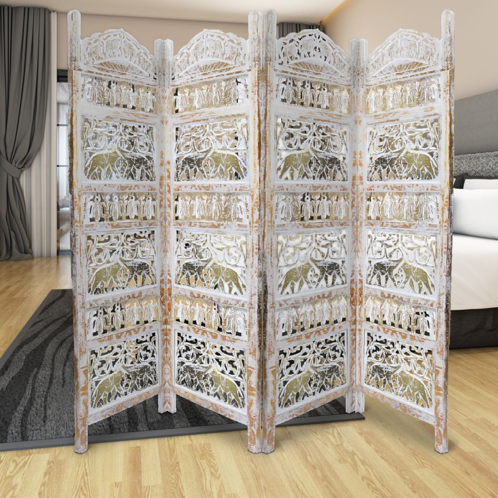 Classic 4 Panel Mango Wood Room Divider with Elephant Carvings, Gold and White