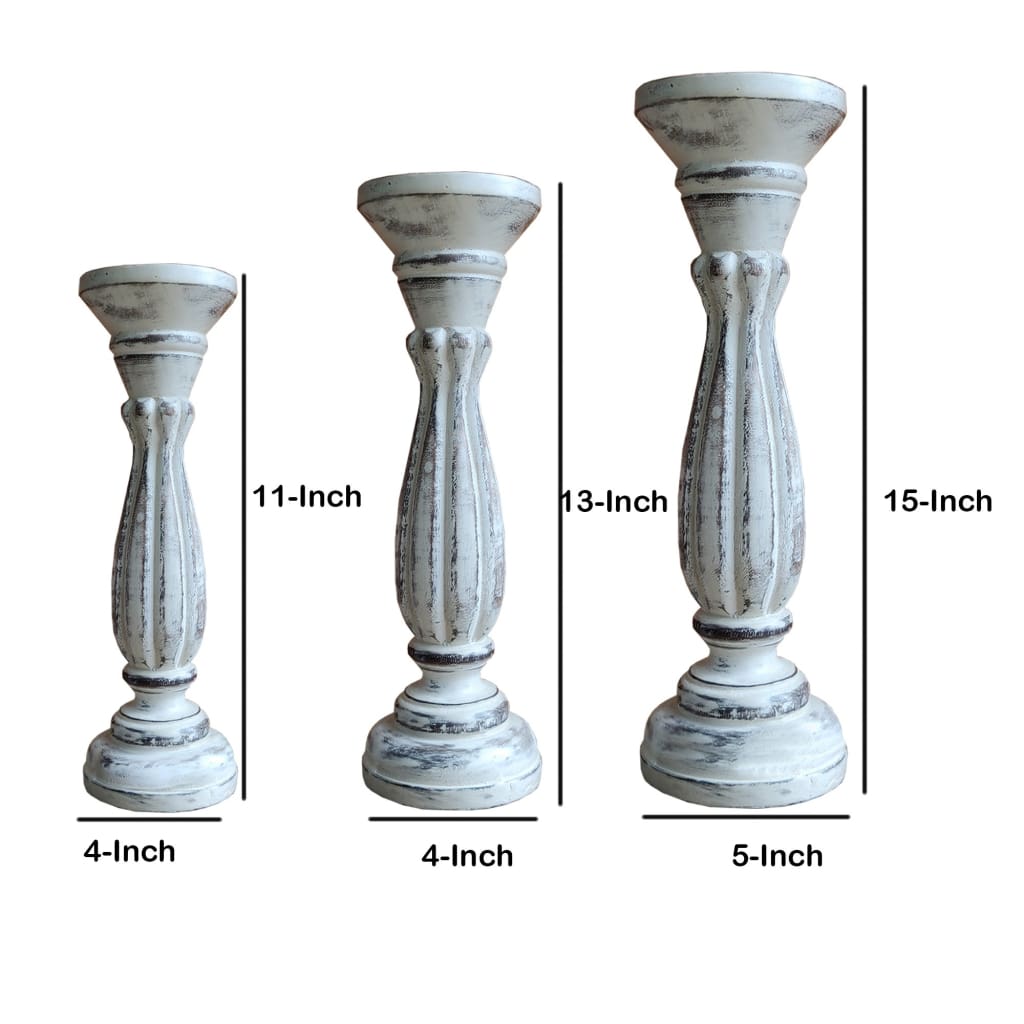 Handmade Wooden Candle Holder with Pillar Base Support Distressed White Set of 3 98761