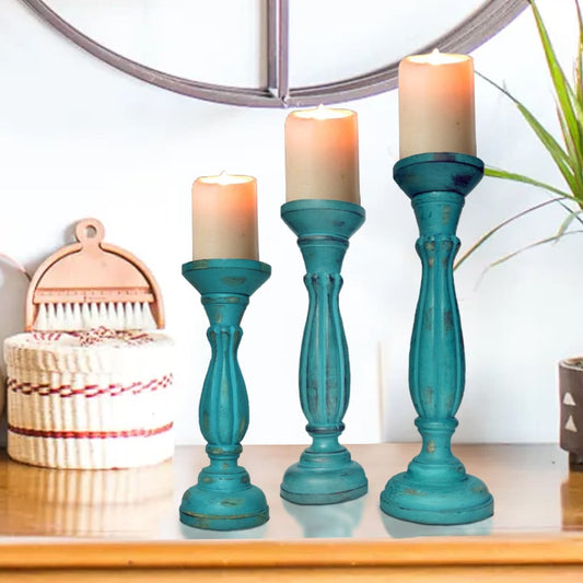 Taki Handmade Wooden Candle Holder with Pillar Base Support, Turquoise Blue, Set of 3 By casagear Home