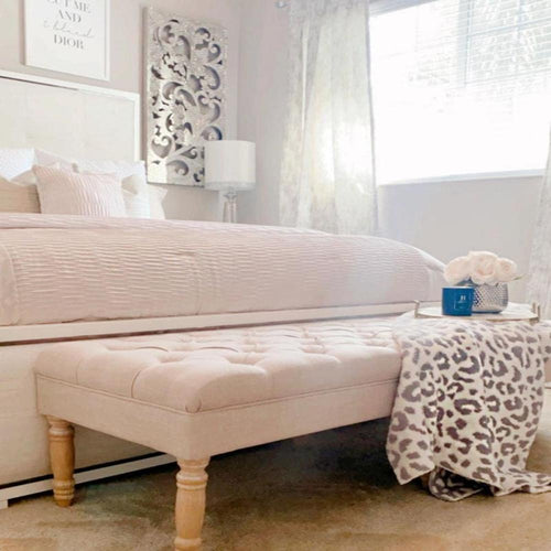 Bench | Wood Frame | Button Tufted Fabric Seat | Turned Legs | Cream Finish