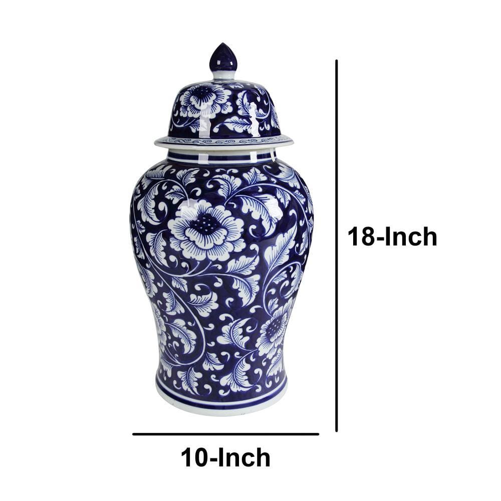 Floral Design Ginger Jar with Lid Blue and White By Casagear Home ABH-AV69766