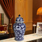 Floral Design Ginger Jar with Lid, Blue and White By Casagear Home