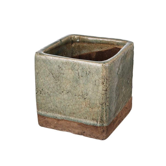 Square Shaped Ceramic Planter With Fine Texture, Small, Slate Gray and Brown By Casagear Home