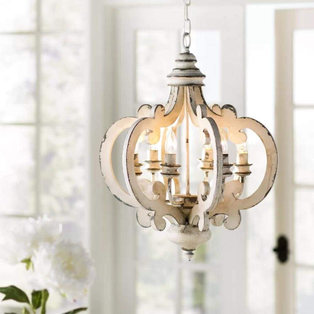 25 Inch 6 Light Vintage Crown Chandelier, Cottage Chic Distressed White Mango Wood By Casagear Home