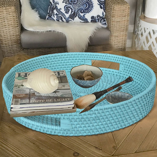 Handcrafted Rattan Lombok Coast Tray In Round Shape, Blue