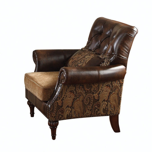 Leather & Fabric Upholstered Armchair With One Pillow, Brown By Casagear Home