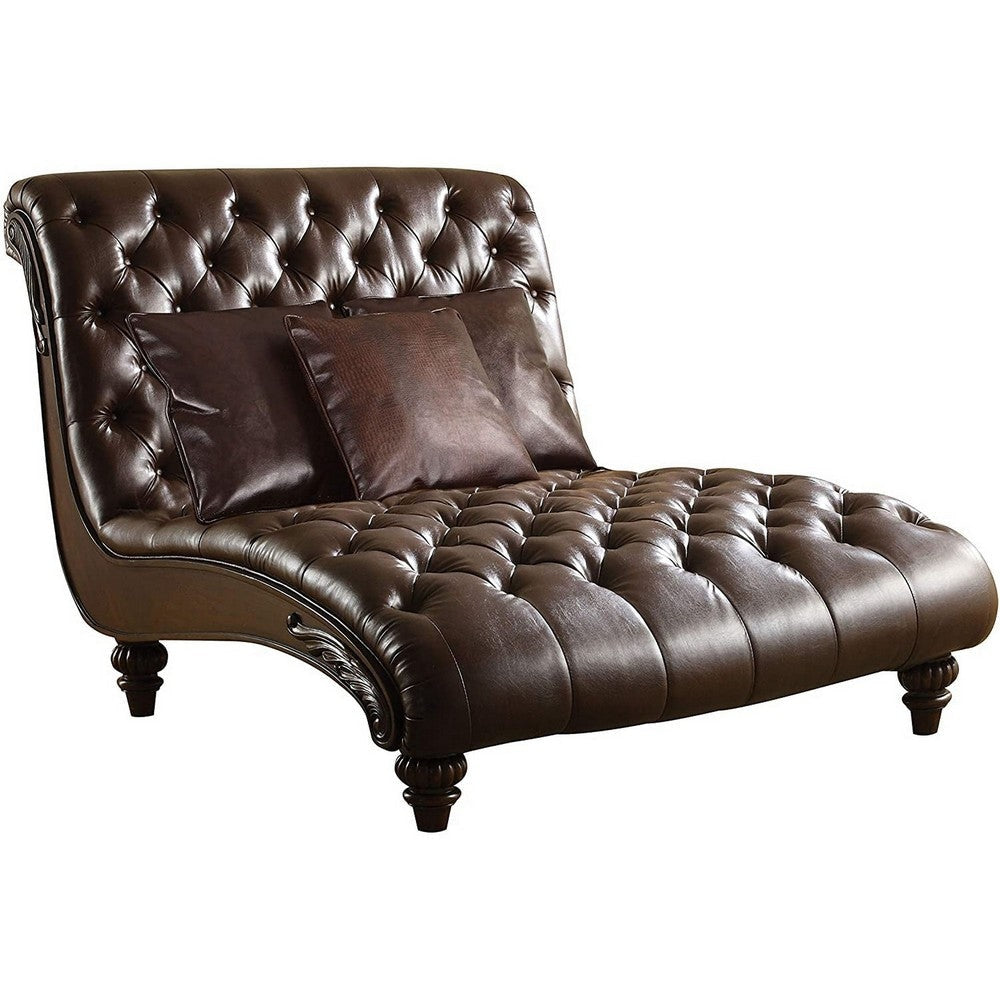 Leather Upholstered Chaise with 3 Pillows, Brown By Casagear Home