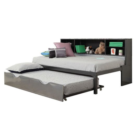 Metal Twin Bed with Bookcase and Rollout Trundle, Black and Silver By Casagear Home