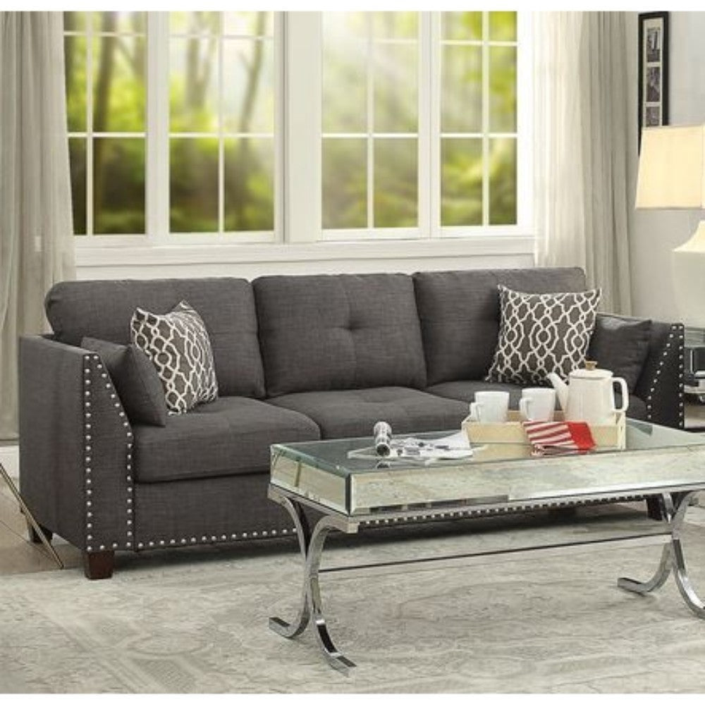Transitional Style Wood and Linen Tufted Back Sofa with 4 Pillows, Gray By Casagear Home