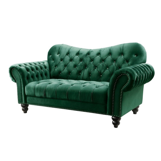 Velvet Upholstery Loveseat with Rolled Armrests and Bun Feet, Green By Casagear Home