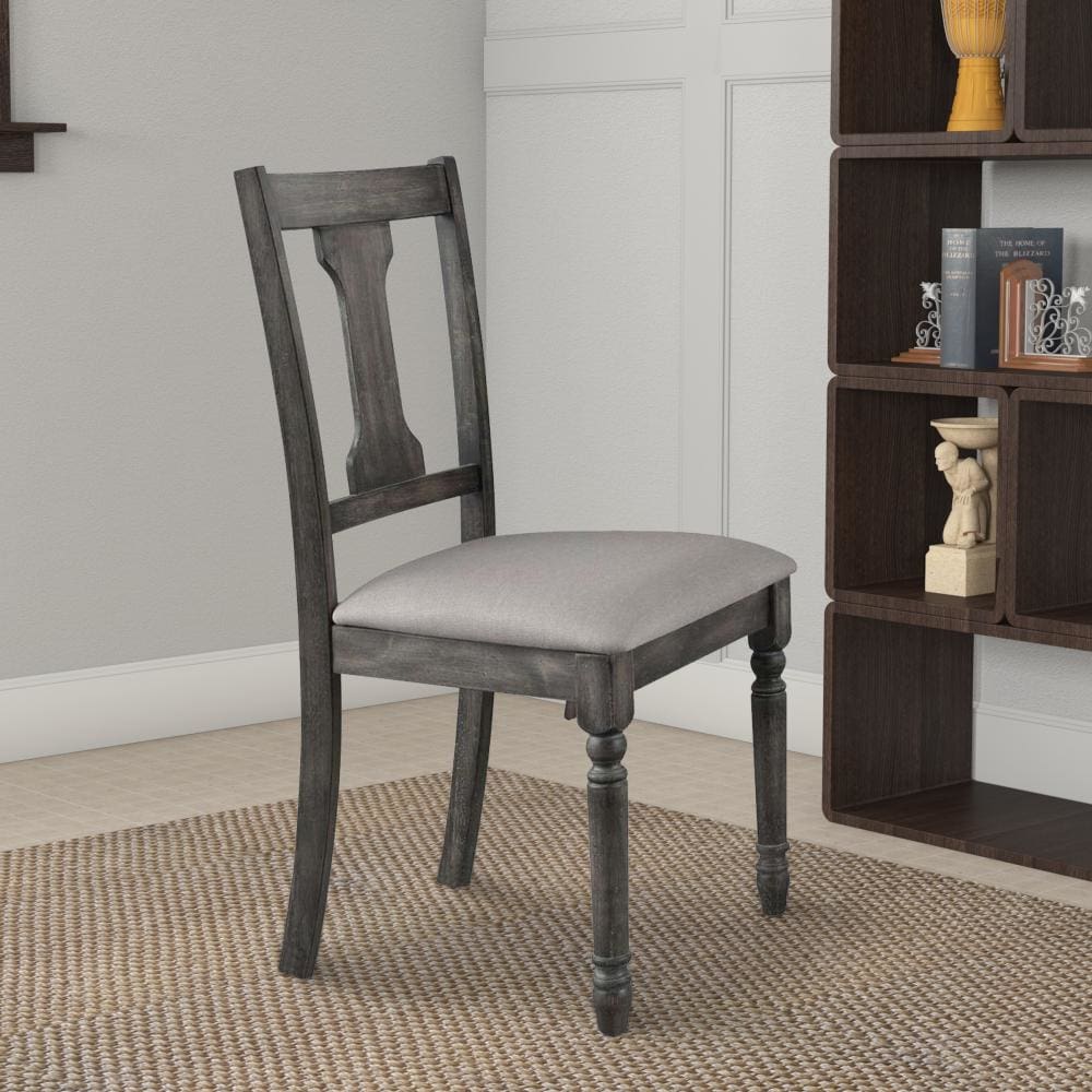 Wooden Side Chairs with Linen Padded Seat and Splat back Design, Gray and Beige, Set of Two - 71437