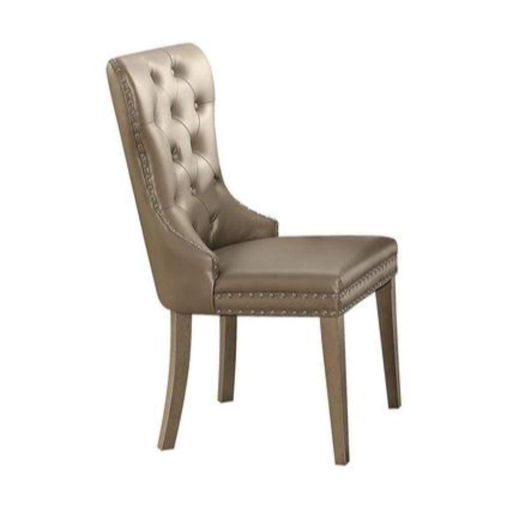 Leatherette Wooden Side Chair with Button Tufted Curved Back, Set of 2, Champagne Silver - 72157