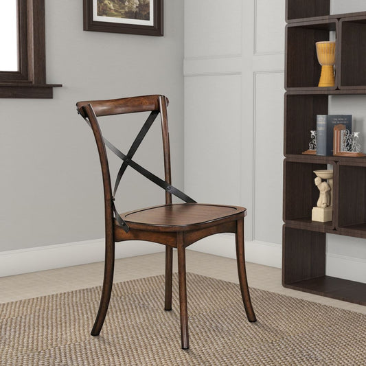 Wooden Side Chair with Metal Crosspiece Back, Set of 2, Brown - 73032