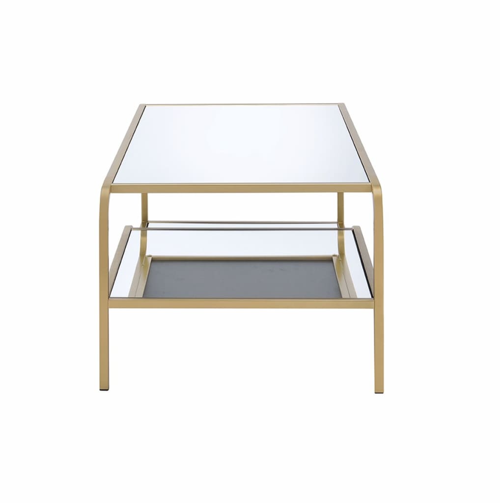 Metal Framed Mirror Coffee Table with Tiered Shelves Gold and Mirror By Benzara AMF-81090