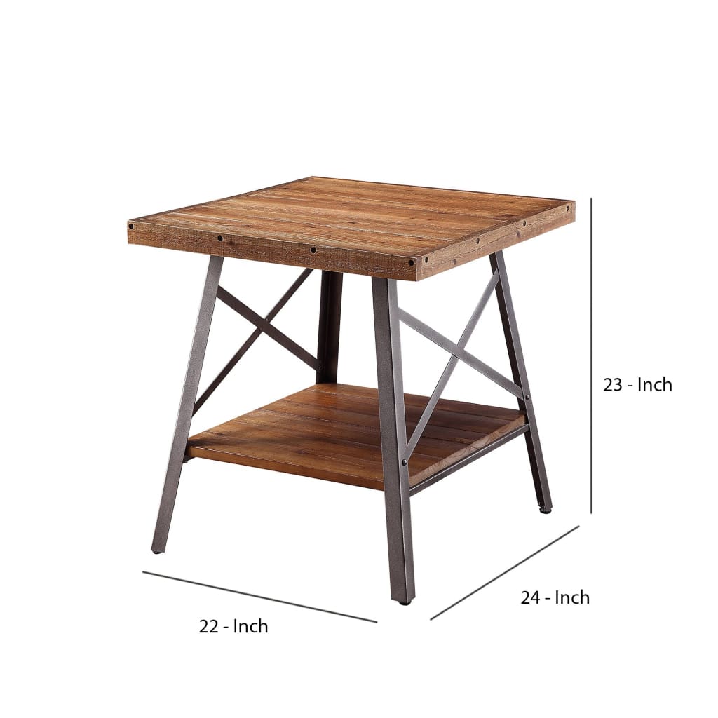 Industrial Metal and Wood End Table with Bottom Shelf Set of Two Brown and Black AMF-81177
