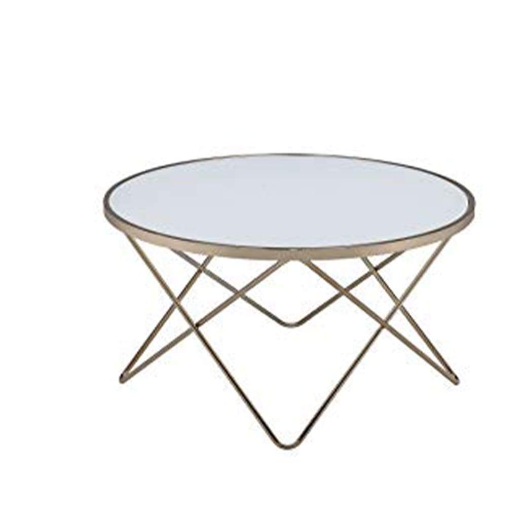 Contemporary Style Round Glass and Metal Coffee Table, White and Gold - ACME