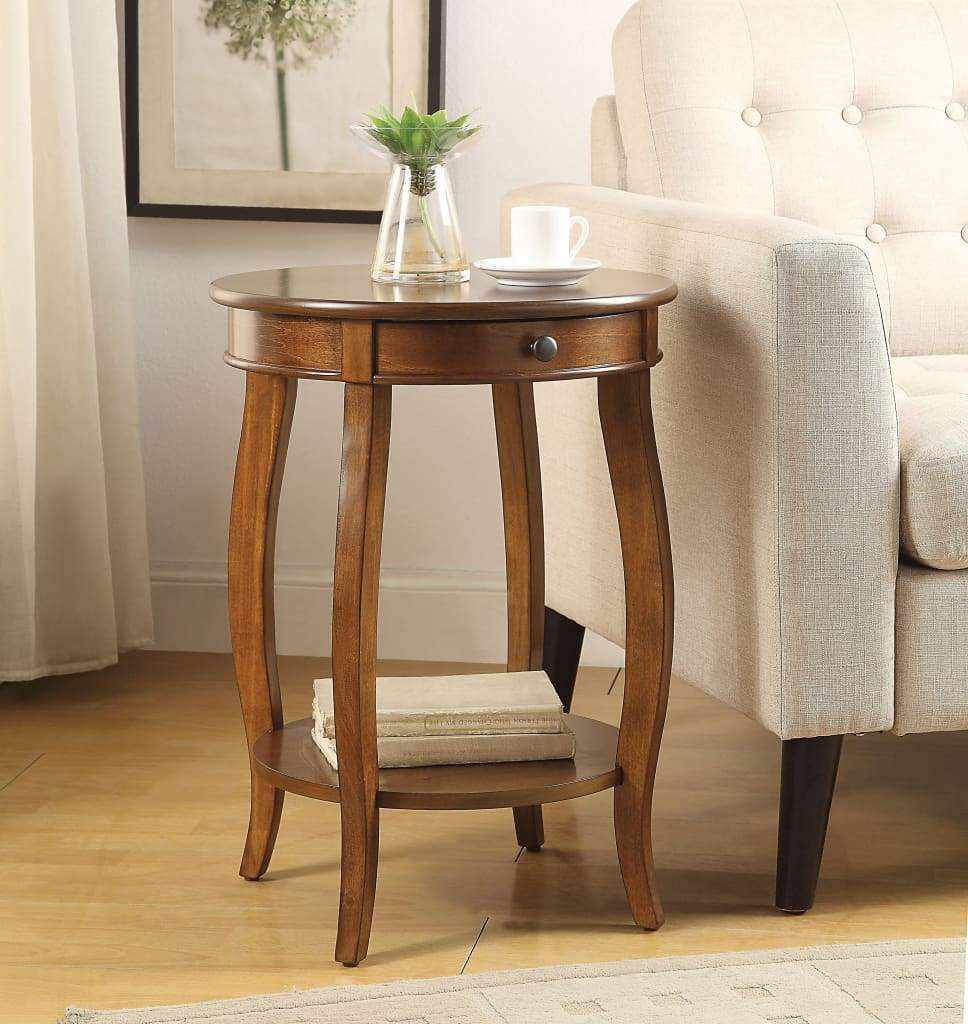 1 Drawer Round Shape Wooden End Table with Cabriole Legs, Walnut Brown