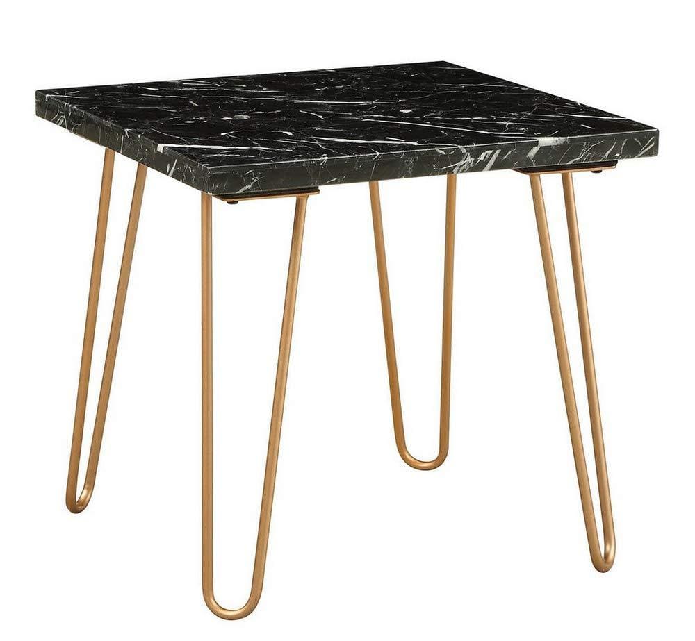 Black Marble Top End Table With Metal Hairpin Style Legs In Gold AMF-84507