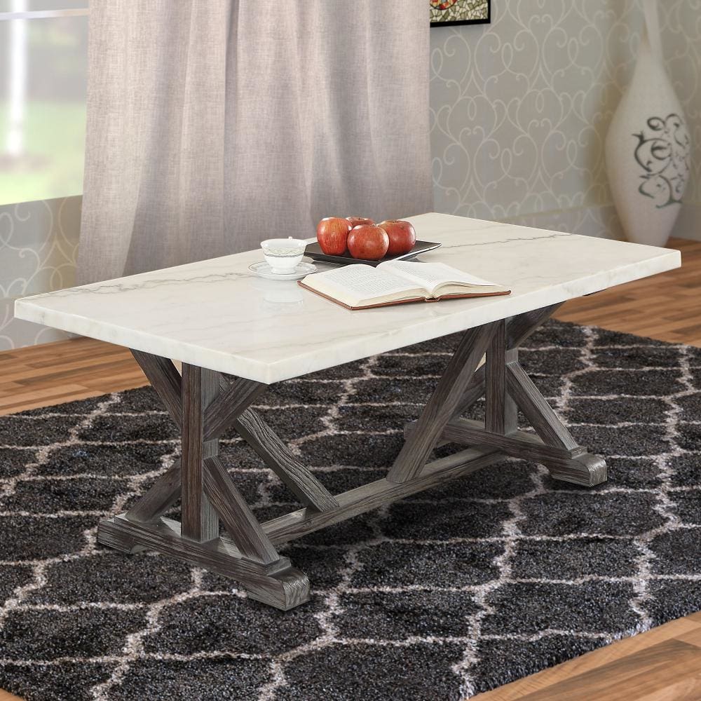Marble Rectangle Shaped Coffee Table with Wooden Trestle Base, White and Espresso Brown