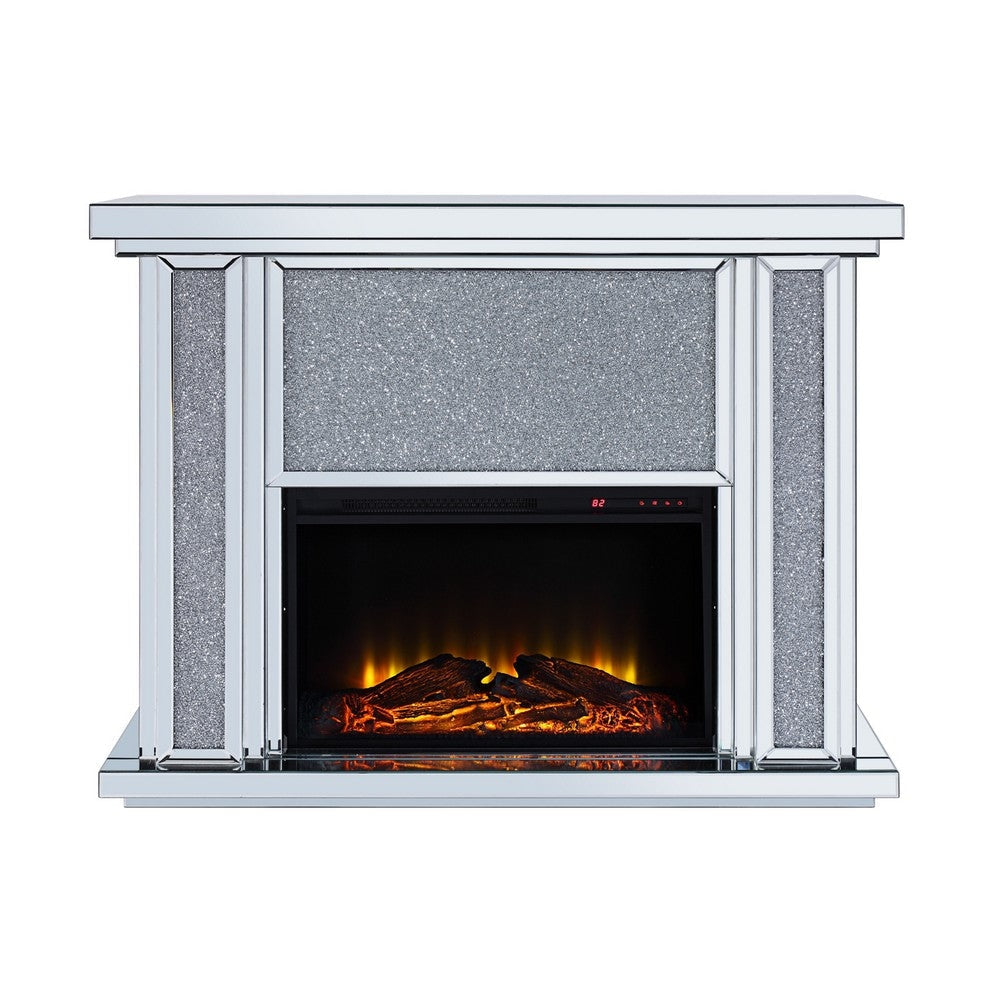 Wood and Mirror Electric Fireplace with Faux Crystal Dusted Face Clear and Black By Casagear Home AMF-90457