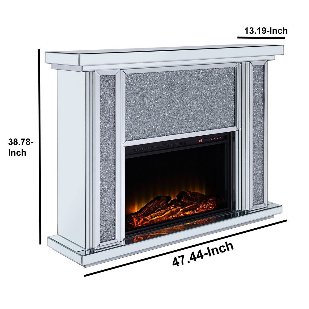 Wood and Mirror Electric Fireplace with Faux Crystal Dusted Face Clear and Black By Casagear Home AMF-90457