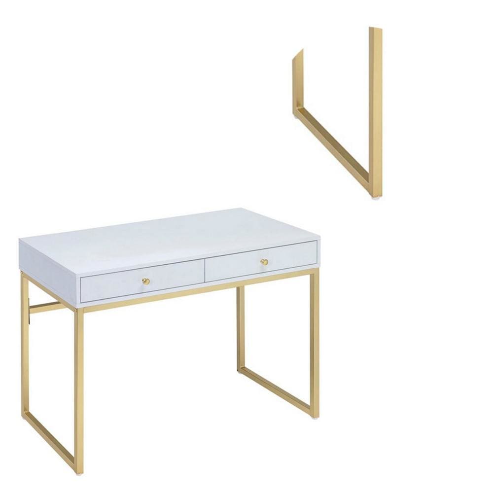 2 Drawer Wooden Desk with Sled Base White and Gold AMF-92312