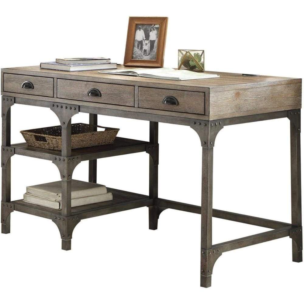 Wood And Metal Desk With Three Drawers And Two Side Shelves, Oak Brown And Gray