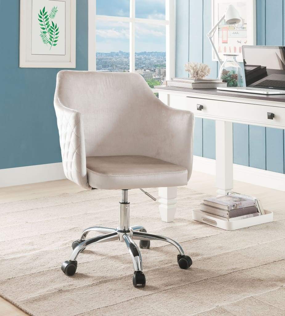 Velvet Upholstered  Swivel Office Chair with Adjustable Height and Metal Base, Beige and Silver - 92506