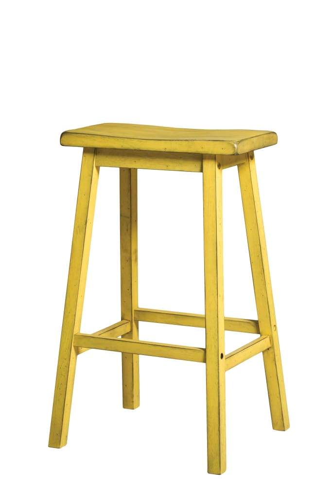 Wooden Barstool with Saddle Design Seat, Set of 2, Distressed Yellow