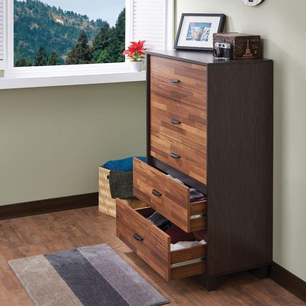 Wooden Chest with 5 Drawers, Walnut & Espresso Brown-ACME