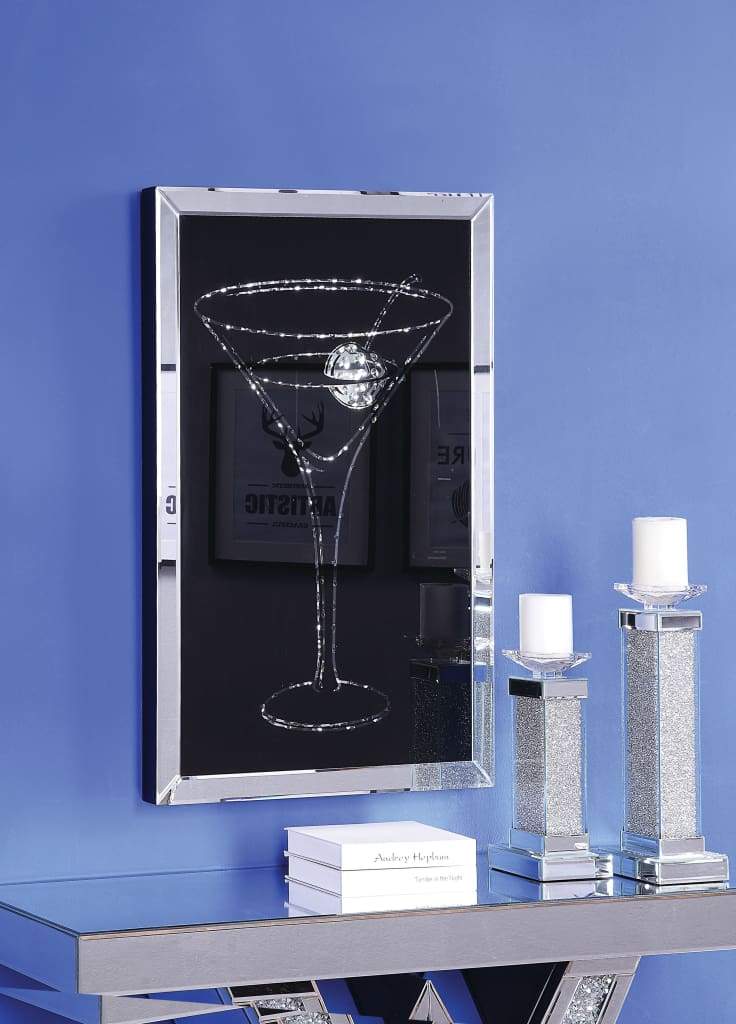 Wood and Mirror Martini Glass Wall Art, Clear and Black - 97627
