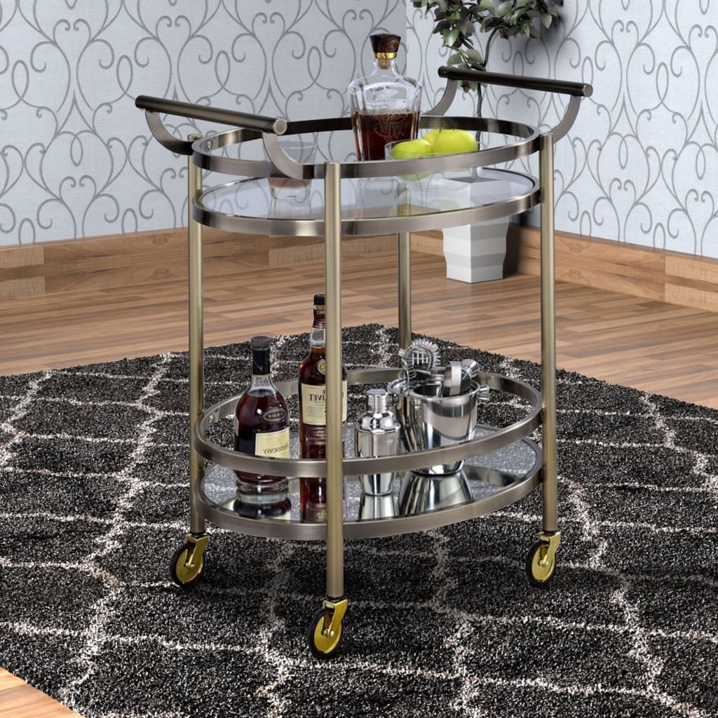 Oval Shaped Metal Serving Cart with 2 Shelves, Silver